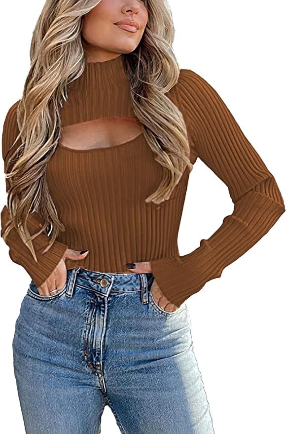 NOAHELLA Womens Cutout Long Sleeve Tops Mock Neck Knit Ribbed Fall Sexy Fitted Pullover Sweaters | Amazon (US)