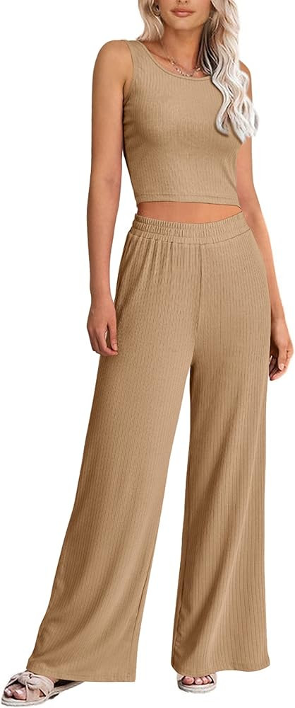 PRETTYGARDEN Women's Summer Casual Two Piece Outfits Sweatsuits Tank Scoop Neck Ribbed Knit Long ... | Amazon (US)