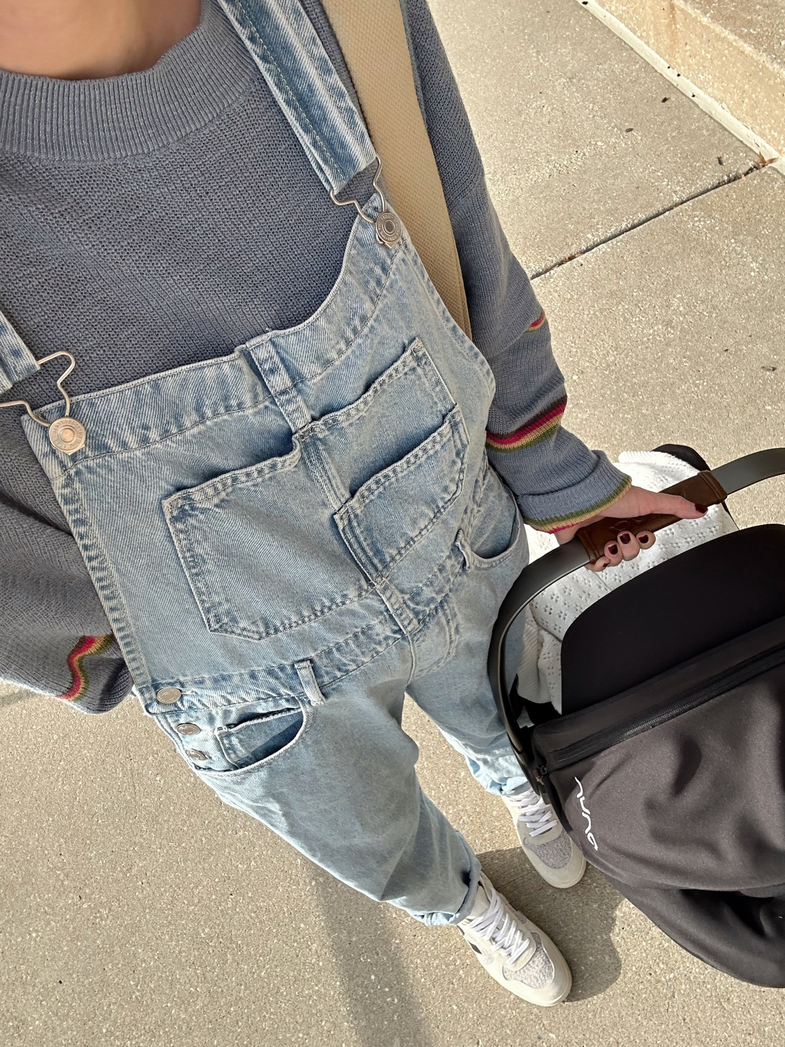 wearing small in overalls 
striped sweater is part of a sweater set, so comfy & versatile, wearing a small 

Casual fall outfit 
Postpartum 
Overalls outfit 
Early winter outfit 

#LTKSeasonal #LTKbaby