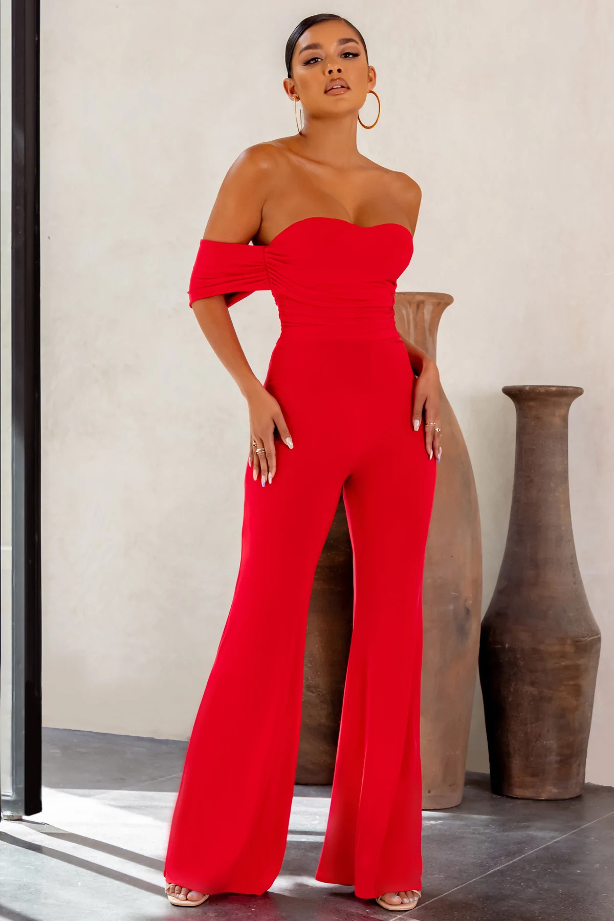 Red Carpet | Red Bardot Ruched Draped Jumpsuit | Club L London