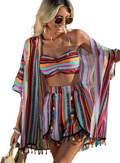 Verdusa Women's 3 Piece Outfits Short Sleeve Open Front Kimono and Boho Cami Top and Tassel Trim ... | Amazon (US)