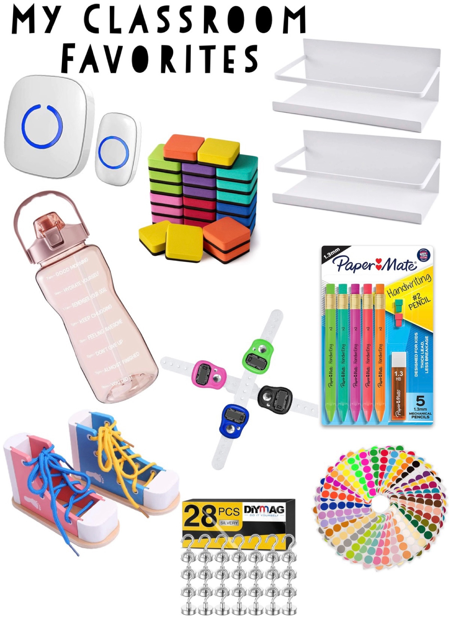 Some of my classroom favorites! 
- wireless doorbell for getting students’ attention! 
- individual erasers for students.
- Magnetic “spice racks” are strong enough to hold books on your white board! 
- a 64oz water bottle helps me stay hydrated.
- clicker counters to track student behaviors.
- these mechanical pencils are a fav of mine! 
- wooden shoes for kids to practice tying! 
- I use these magnetic hooks for EVERYTHING!! 
- sticker labels to organize your classroom library! 

#LTKCyberweek #LTKunder50 #LTKkids