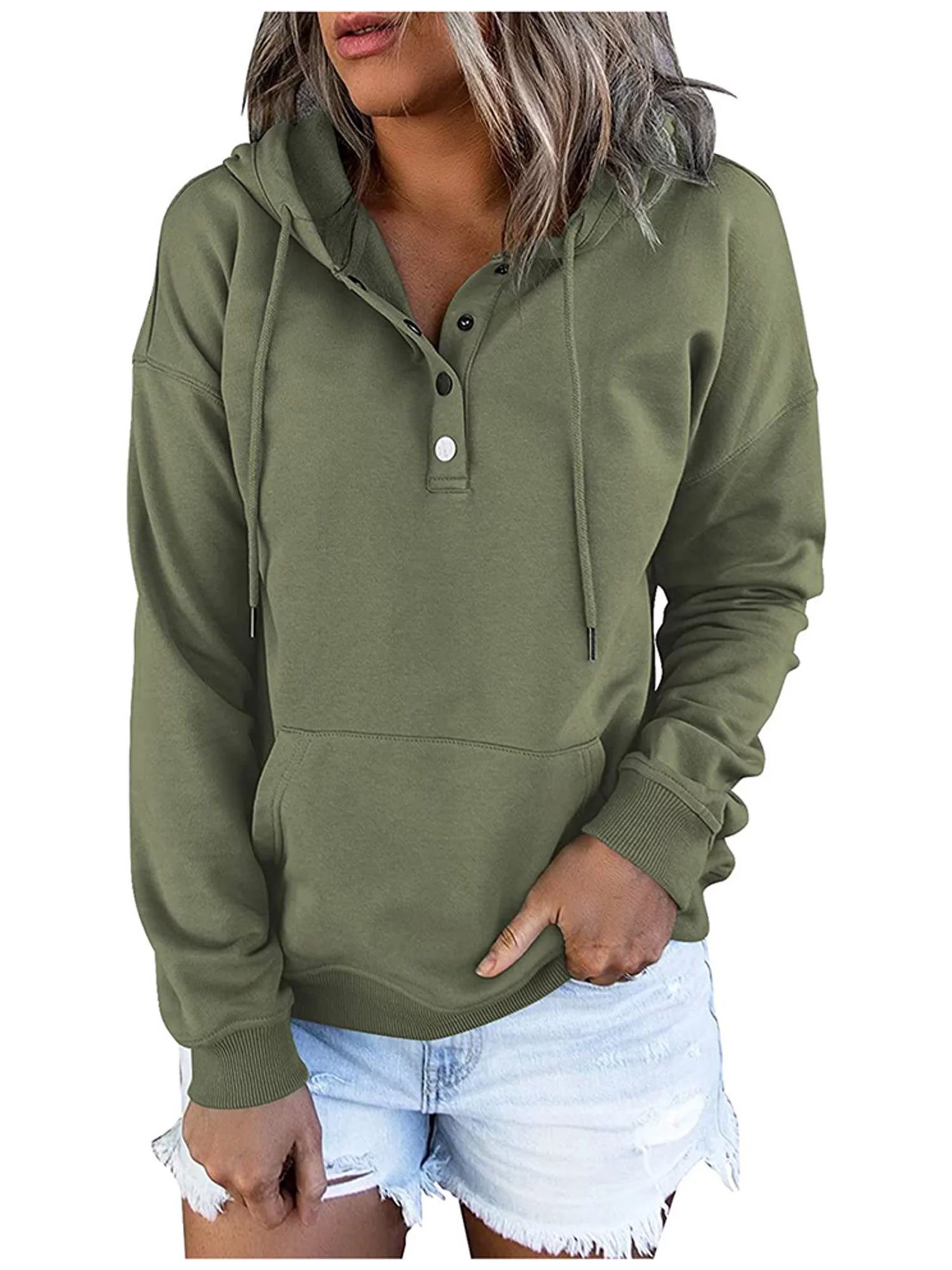 Shakub Womens Casual Hooded Drawstring Pullover Long Sleeve Sports Jumper Buttons Hoodie Sweatshi... | Walmart (US)