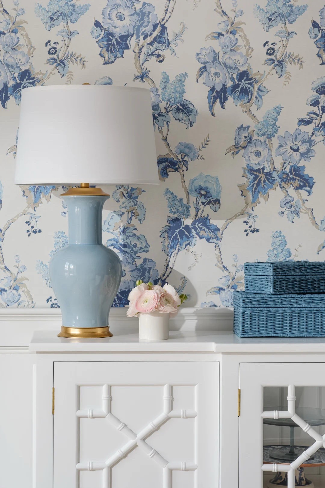 Shop chintz wallpaper, blue wallpaper, gourd lamp, blue lamp, white sideboard, buffet, dining room decor, wall covering, blue boxes, coastal, summer, accessories, home decor 

#LTKHome #LTKFindsUnder50 #LTKFindsUnder100
