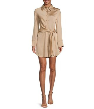 Mina Pebble Crepe Button Front Collar Long Sleeve Tie Waist Shirt Dress | Dillard's
