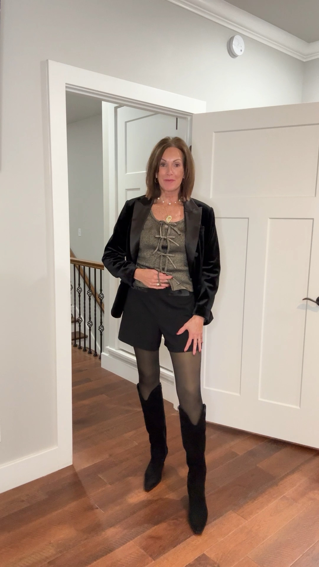 Tuxedo style
Blazer - L
Shorts - size 8
Bow cardigan- XL
Shimmer tank - L


Holiday style New Year’s
Party style 

#LTKHoliday #LTKCyberWeek #LTKMidsize