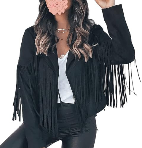 Women's Fringe Western Denim Short Jacket Blazer Collar Fringe Coat Trendy Fall Going-Out Long Sl... | Amazon (US)