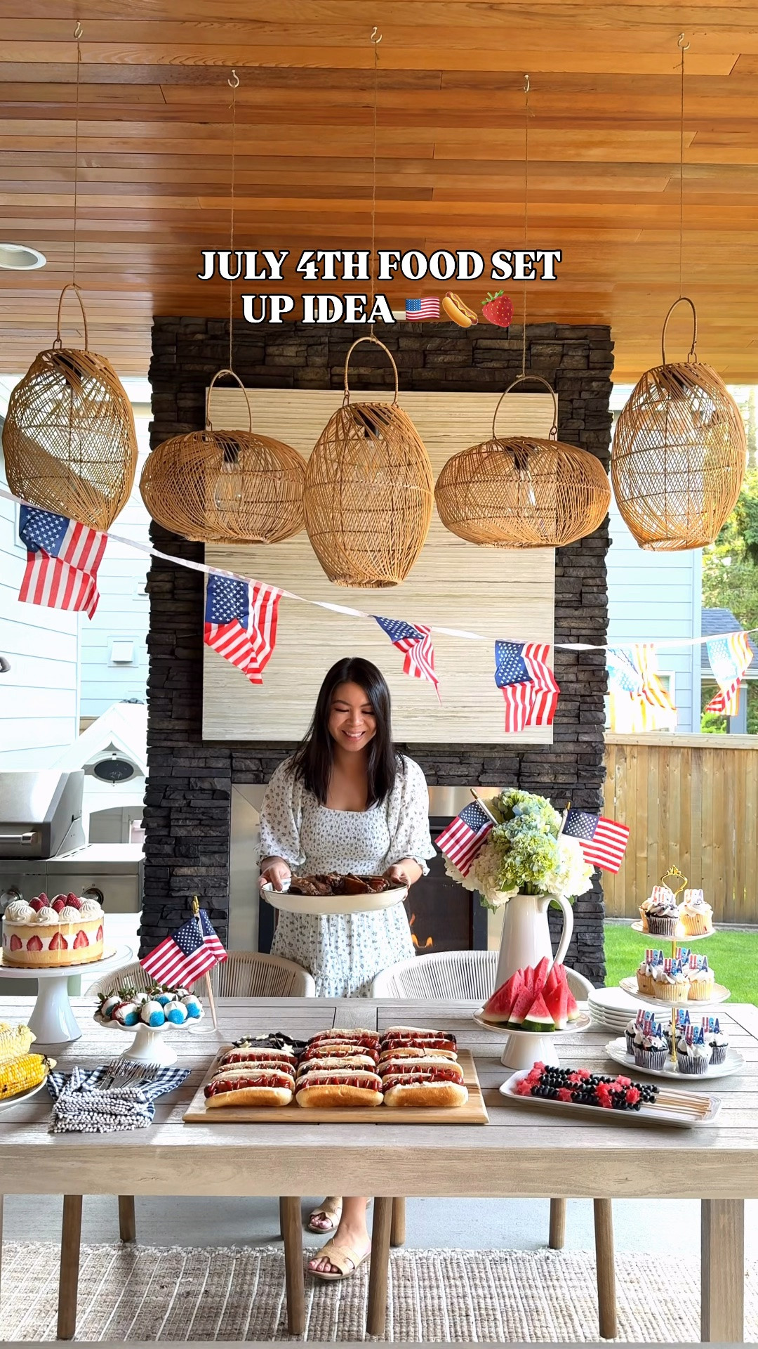 JULY 4TH FOOD SET UP IDEA! 🇺🇸🌭🍓

Here are some fun and easy ideas to make your spread festive and delicious:
⭐️ Red, white & blue fruit skewers with blueberries and star-shaped watermelon
🌸 Hydrangea centerpieces with mini flags
🍓 Strawberries dipped in white chocolate + blue sprinkles
🌭 Hot dog flag platter
🔥Classic BBQ faves like corn and ribs
Which one are you trying next weekend?

Bowls, twinkles sprinkles, colored sugar, July Patriotic Red White and Blue Edible Sprinkles, candy melts, Ceramic cake stand, star cookie cutter, dress, serving bowl, Heinz tomato ketchup, blue corn tortilla chips, cutting board, American flags on stick and banner, outdoor dining table and chairs, outdoor rug, lantern