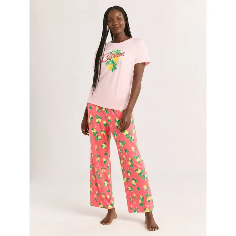 Joyspun Women's Short Sleeve Sleep Top and Open Leg Pants Pajama Set, 2-Piece, Sizes XS-3X | Walmart (US)