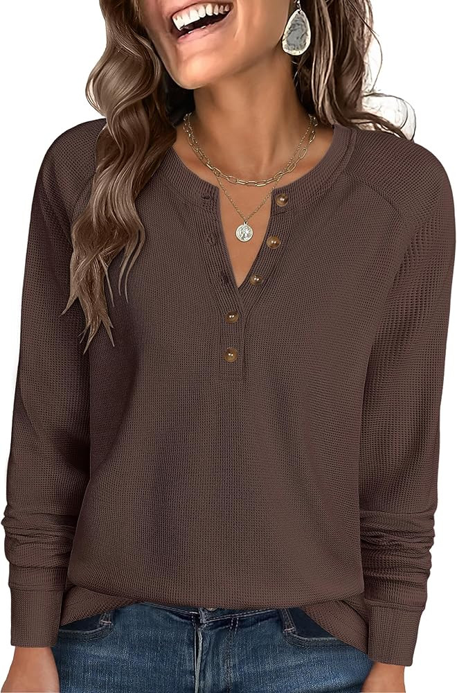 ANRABESS Women's Long Sleeve Waffle Knit Shirts Dressy Casual Loose Button Up V Neck Henley Tops ... | Amazon (US)