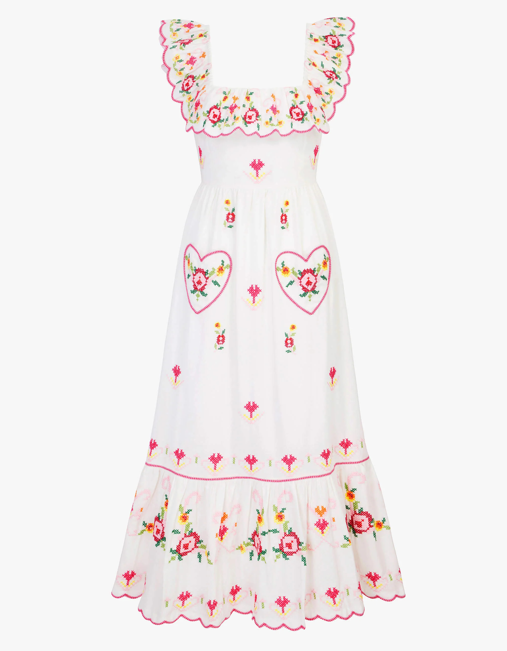 Pippa Dress | White, Pink & Yellow Floral Midi | Embroidered Cotton | Pink City Prints UK