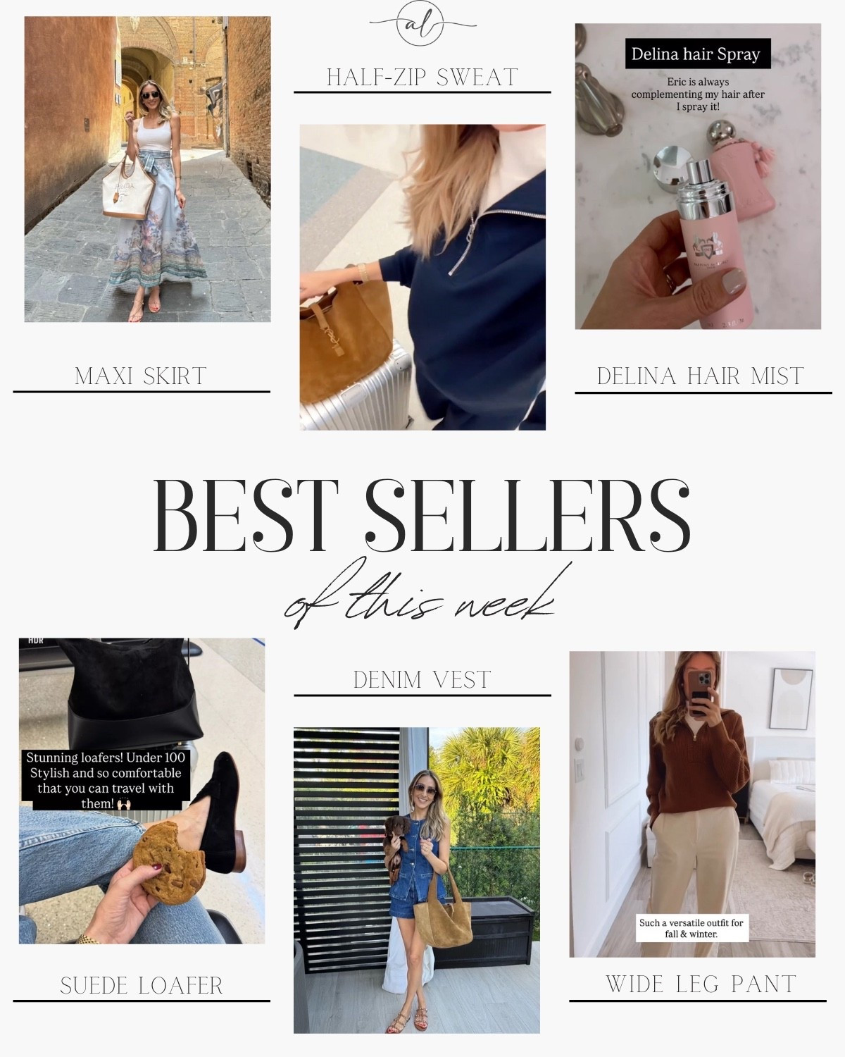 Best sellers of this week - maxi skirt, half zip sweat, Delina hair mist, suede loafer, denim vest, wide leg pant 

#LTKSeasonal #LTKootd #LTKU