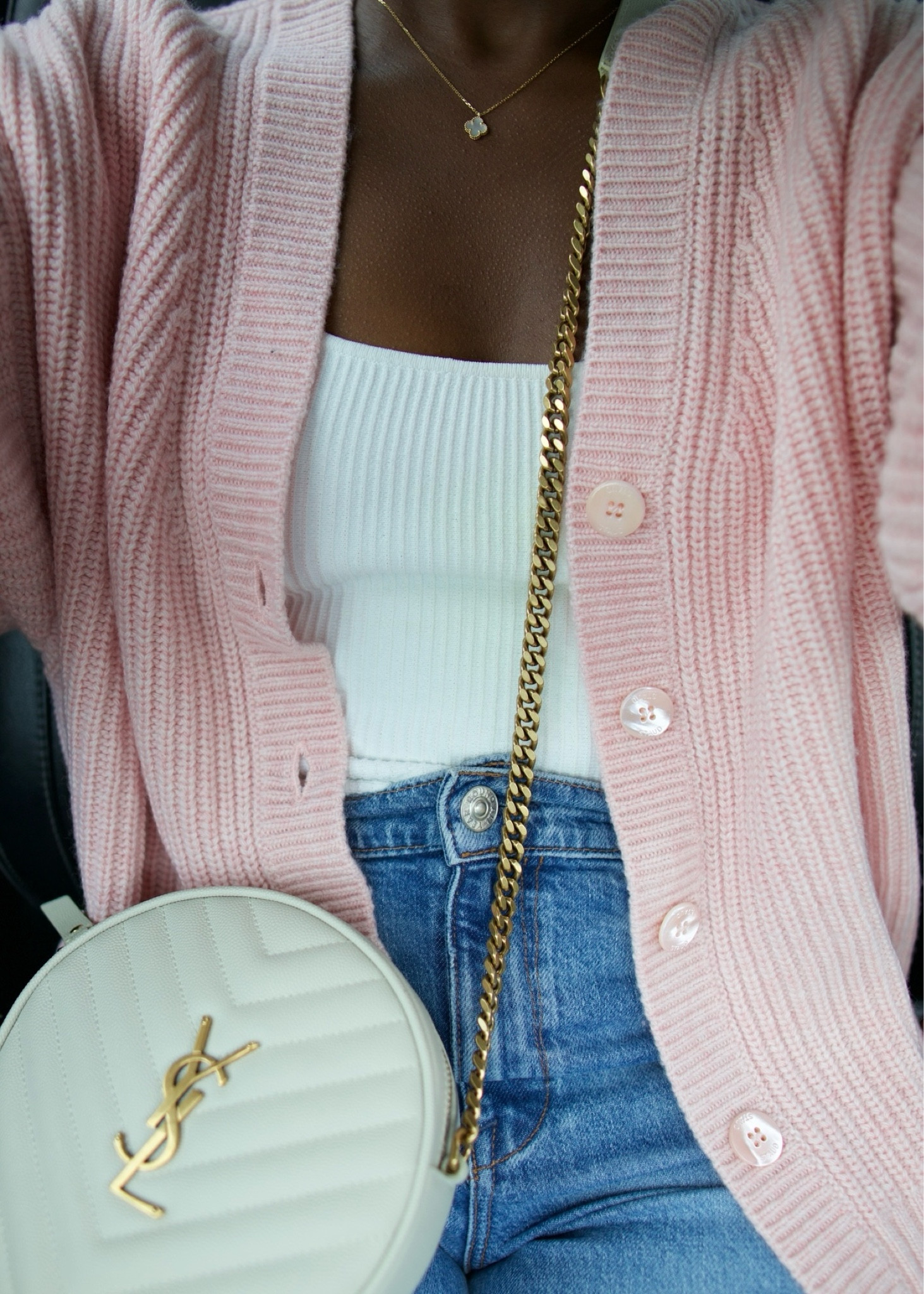 Added a light pink Staud cardigan to jeans and a white tank. The Van Cleef necklace and YSL circle bag are both from Rebag. 

#LTKItBag #LTKSeasonal #LTKStyleTip