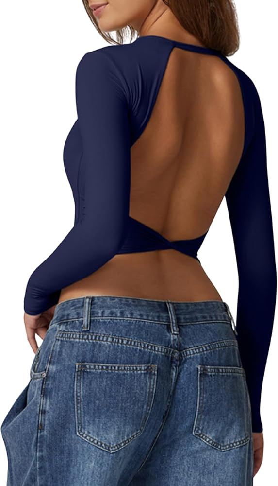 QINSEN Women's Crew Neck Open Back Long Sleeve Basic Crop Tops Stretch Backless Going Out Tee Shi... | Amazon (US)