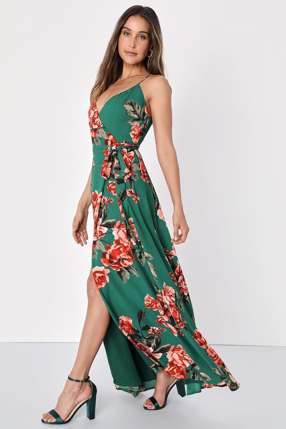 Floral Flirtation Dark Green Floral Print Wrap Maxi Dress | Lulus