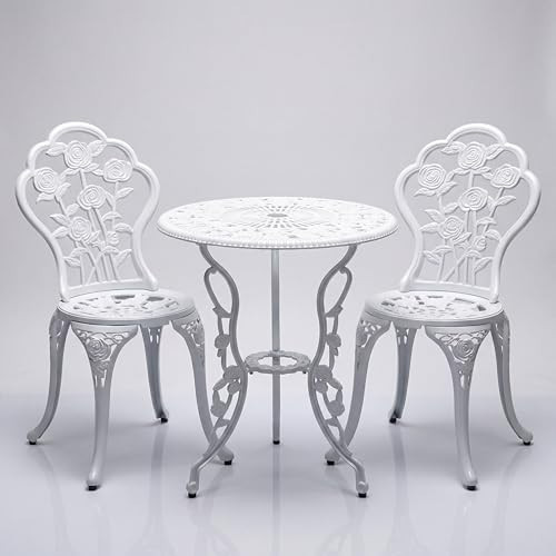 GXOUTAL 3-Piece Cast Aluminum Outdoor Bistro Set, All-Weather Outdoor Table and Chairs Set of 2 with Umbrella Hole for Balcony, Backyard, Deck, Garden (Rose White) | Amazon (US)