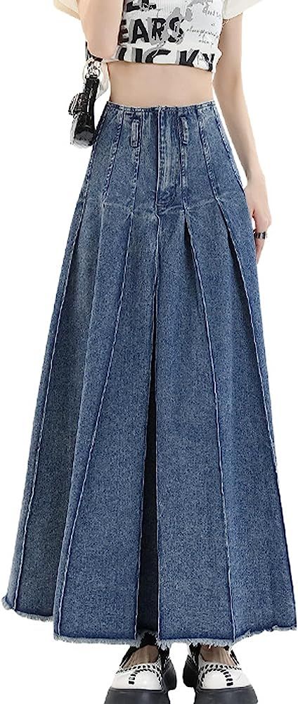 Kisswow Women's Casual Denim Skirt Frayed Hem Jean Skirt Long Skirts for Women | Amazon (US)
