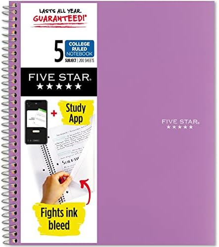 Five Star Spiral Notebook Plus Study App, 5-Subject, College Ruled Paper, 11" x 8-1/2", 200 Sheet... | Amazon (US)