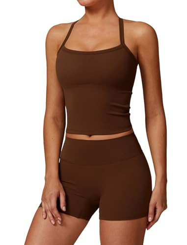 QBGJTD Two Piece Workout Sets For Women Straps Cross Back Tank Top Matching High Waist Booty Lifting Biker Shorts 2 Piece Gym Yoga Active Wear Outfits Womens Athletic Work Out Clothes Brown M | Amazon (US)