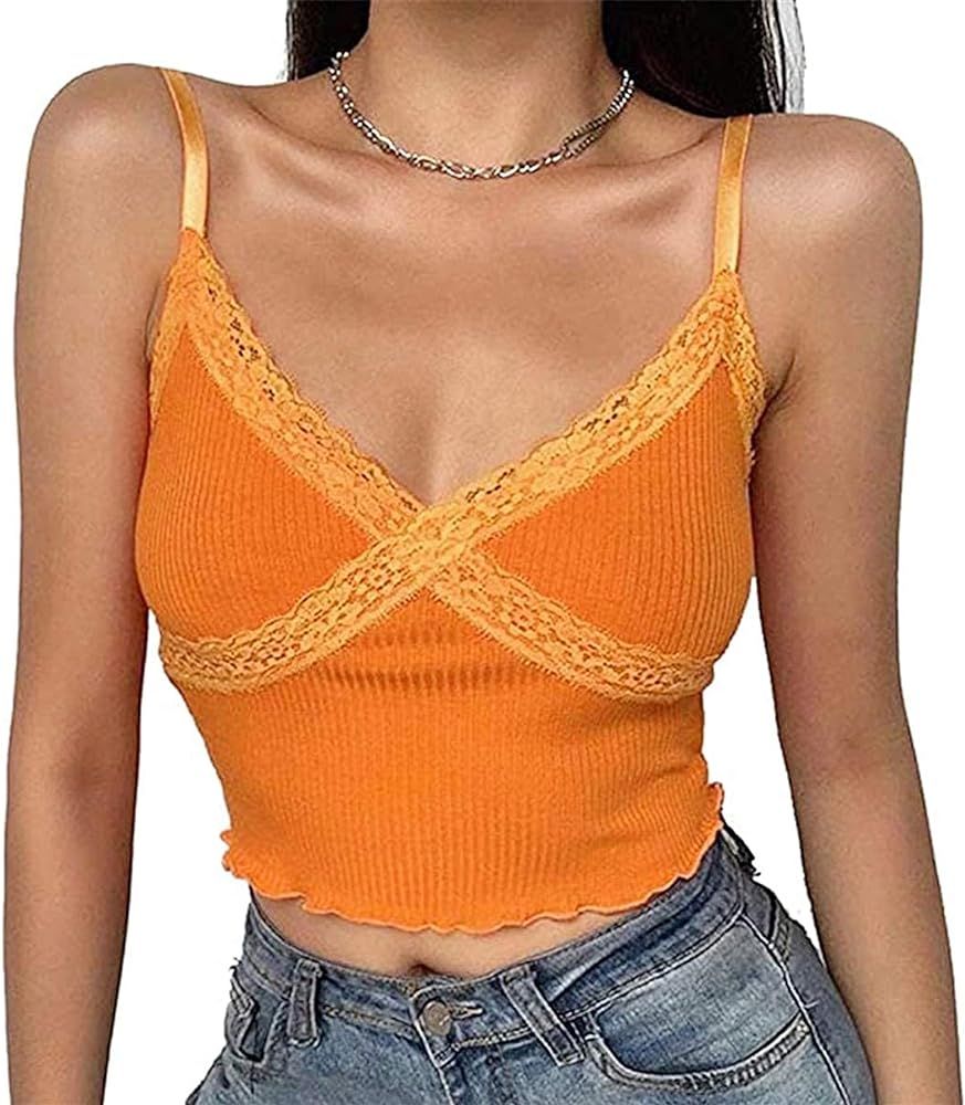 Womens Lace Crop Tops Sexy V Neck Cropped Tank Top Strap Cami Slim Camisole Shirts | Amazon (US)