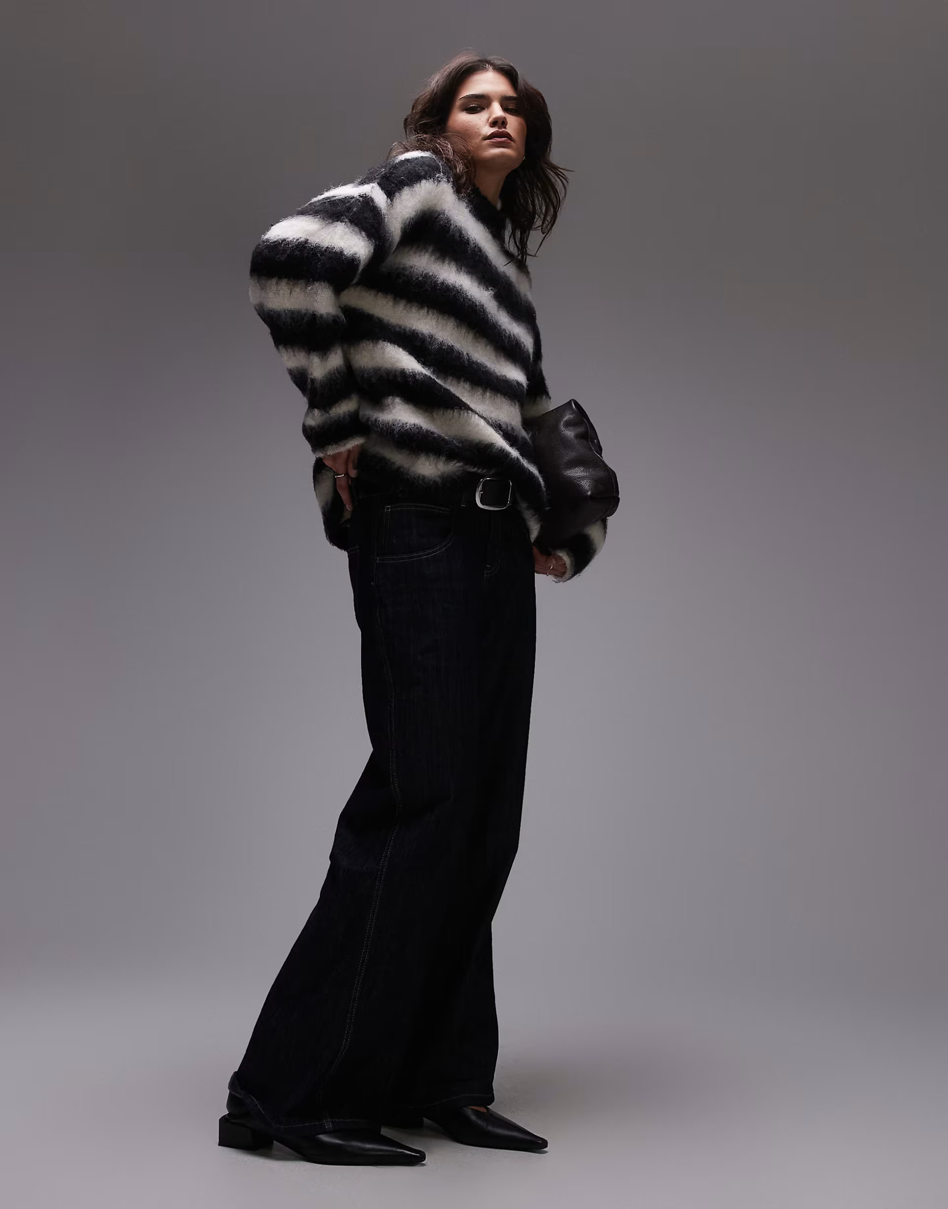 Topshop knitted boysy ultra fluffy stripe oversized jumper in mono | ASOS (Global)