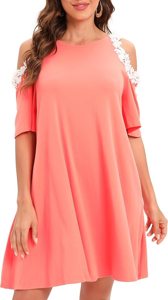 Aofur Summer Cotton Lace Dress Ladies Cold Sleeve Casual Plus Size T Shirt Dress with Pockets… | Amazon (US)