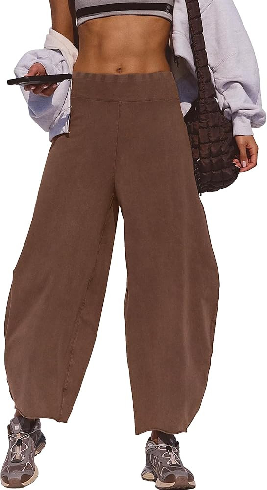 Womens Casual Baggy Barrel Pants Acid Wash Lounge Wide Leg Pants Low Waist Raw Edge Athletic Hare... | Amazon (US)
