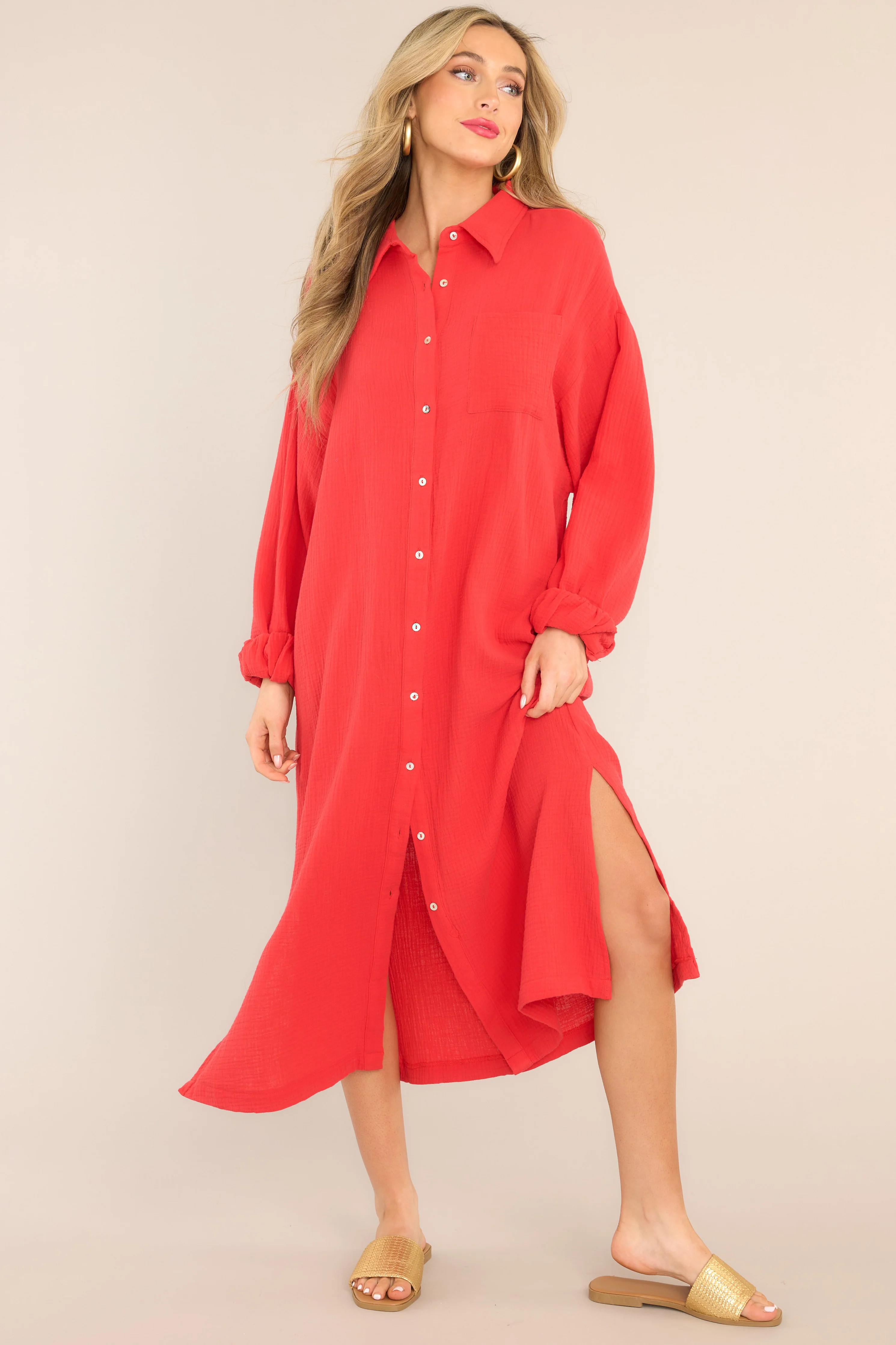 Somewhere Up Above Cherry 100% Cotton Midi Dress | Red Dress