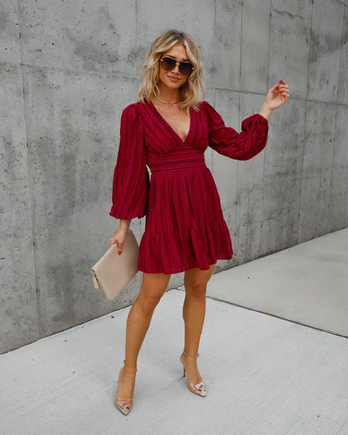 Once Upon A December Textured Mini Dress - Burgundy | VICI