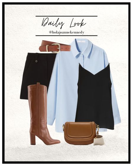 Simple spring outfit idea, baby blue shirt, blue over shirt, black chiffon cami, black strappy top, black tailored shorts, tan leather belt, tan leather knee high boots, tan leather bag, zara crossbody bag, simple styling, easy outfit idea, spring fashion 

#LTKeurope #LTKSeasonal #LTKstyletip