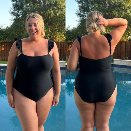 Chic black one piece swimsuit from Summersalt 30% off. This runs a smidge generous, I’m in a size 14. The ruffle straps are adjustable. Pretty full booty coverage. Swim has sewn in cups for bust support #summersalt #swim #sale 

#LTKcurves #LTKsalealert #LTKswim