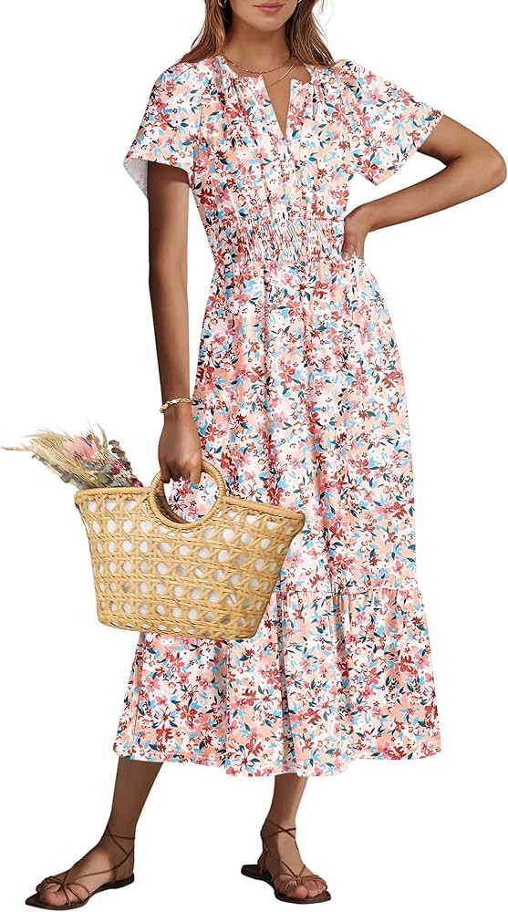 ANRABESS Women's Summer Short Sleeve Maxi Dress 2025 Casual V Neck High Waist A-Line Flowy Loose ... | Amazon (US)