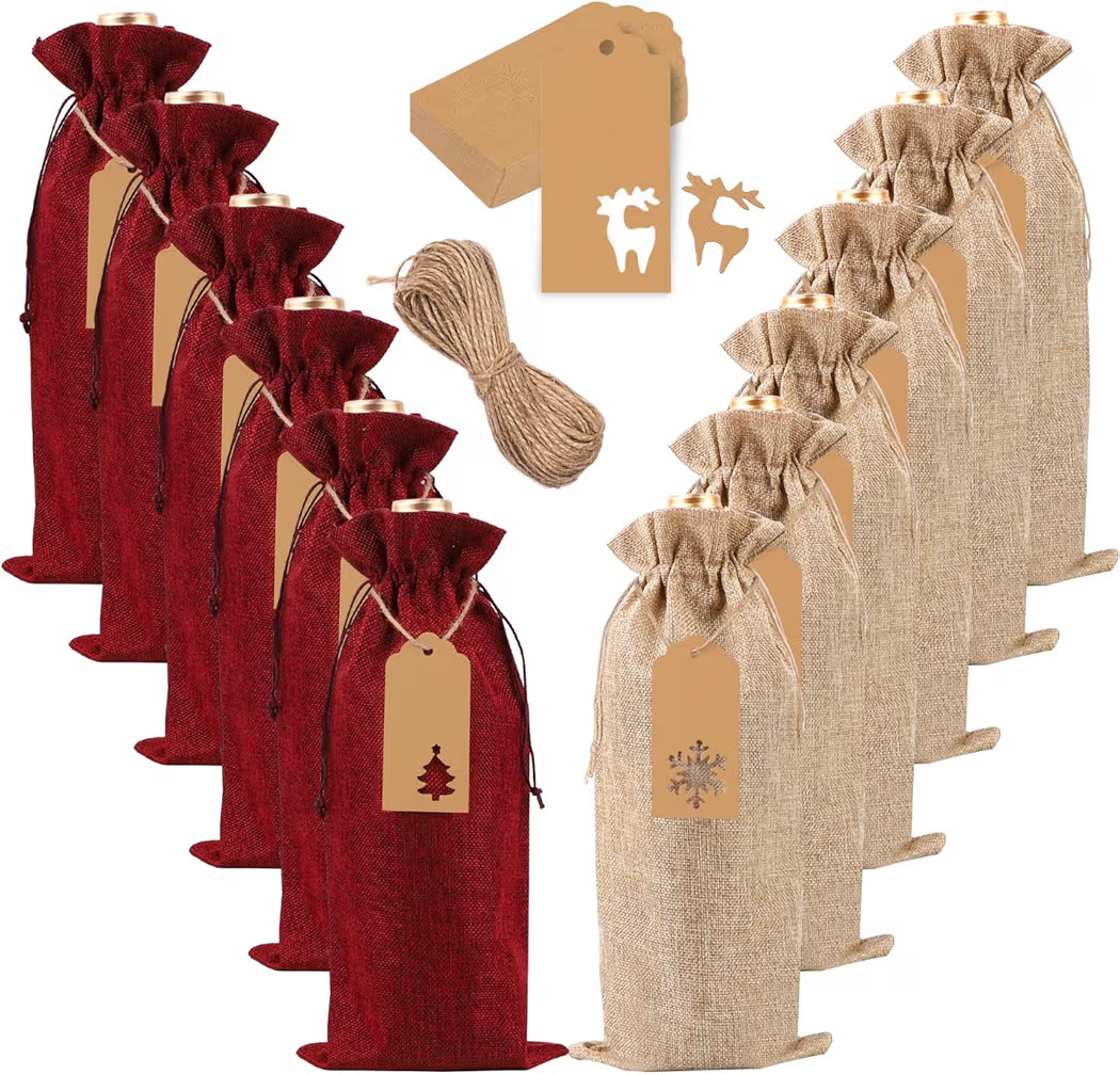 JOICEE 12pcs Burlap Wine Gift Bags, Reusable Jute Bottle Covers With Drawstring for Christmas Wed... | Amazon (US)