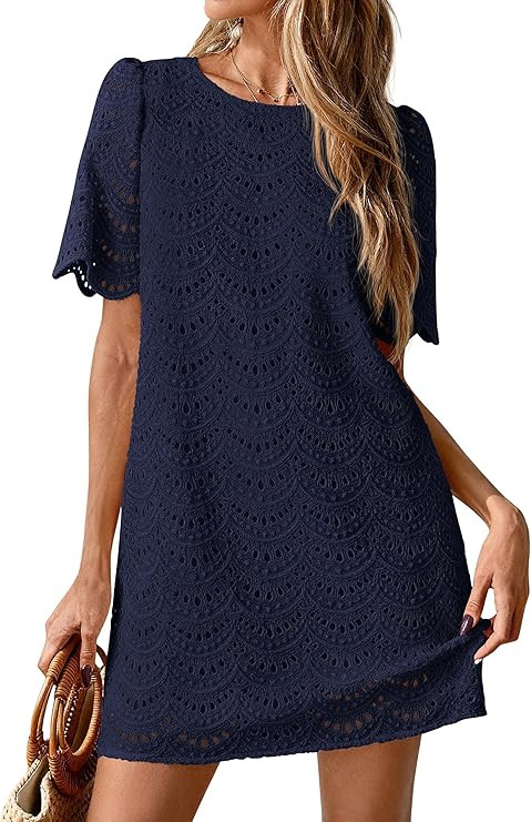 PRETTYGARDEN Women's 2026 Summer Casual Short Dresses Embroidered Lace Short Sleeve Boho Mini Dre... | Amazon (US)