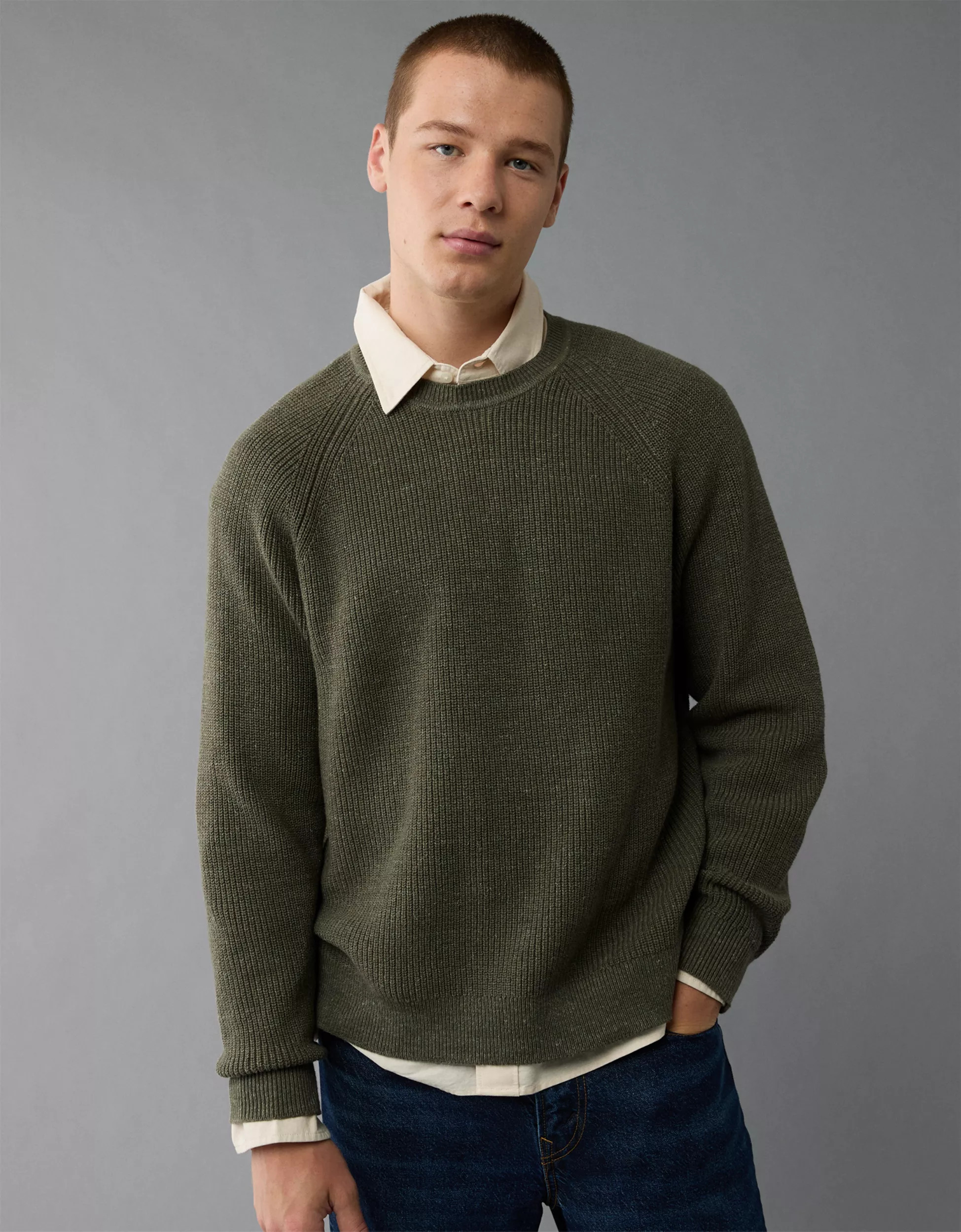 AE Long-Sleeve Shaker Crew Neck Sweater | American Eagle Outfitters (US & CA)
