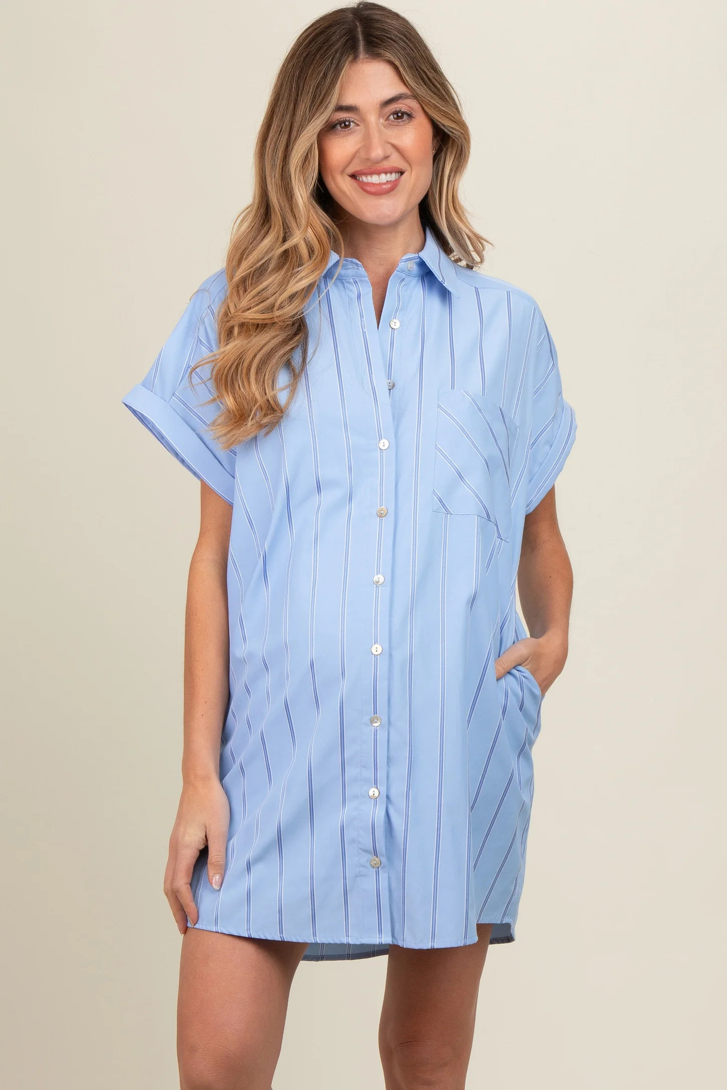 Blue Striped Maternity Shirt Mini Dress | PinkBlush Maternity