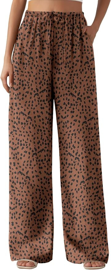 Feiersi Women's Casual Pants Drawstring Elastic Waist Pants Flowy Wide Leg Beach Trousers with Po... | Amazon (US)