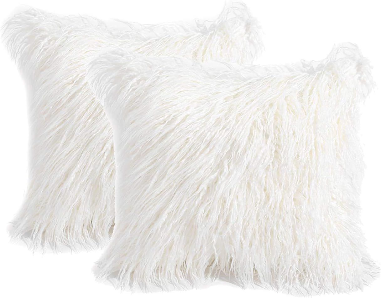 2 Pack Fluffy Throw Pillow Covers White 18x18 inch/45x45cm, Soft Cuddly Faux Mongolian Fur Cushio... | Amazon (CA)
