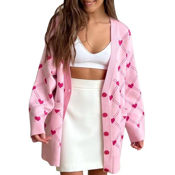Women Heart Print Knit Cardigan Oversized Long Sleeve V Neck Button Down Sweater Valentine's Day ... | Walmart (US)