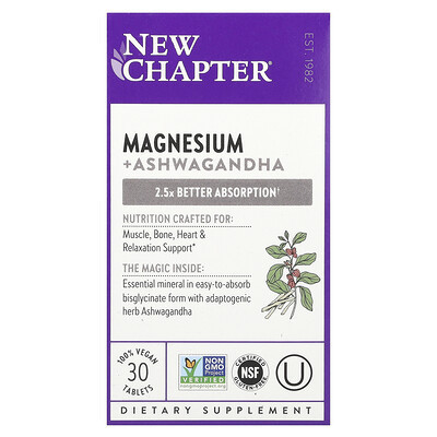 New Chapter, Magnesium + Ashwagandha, 30 Vegan Tablets | iHerb