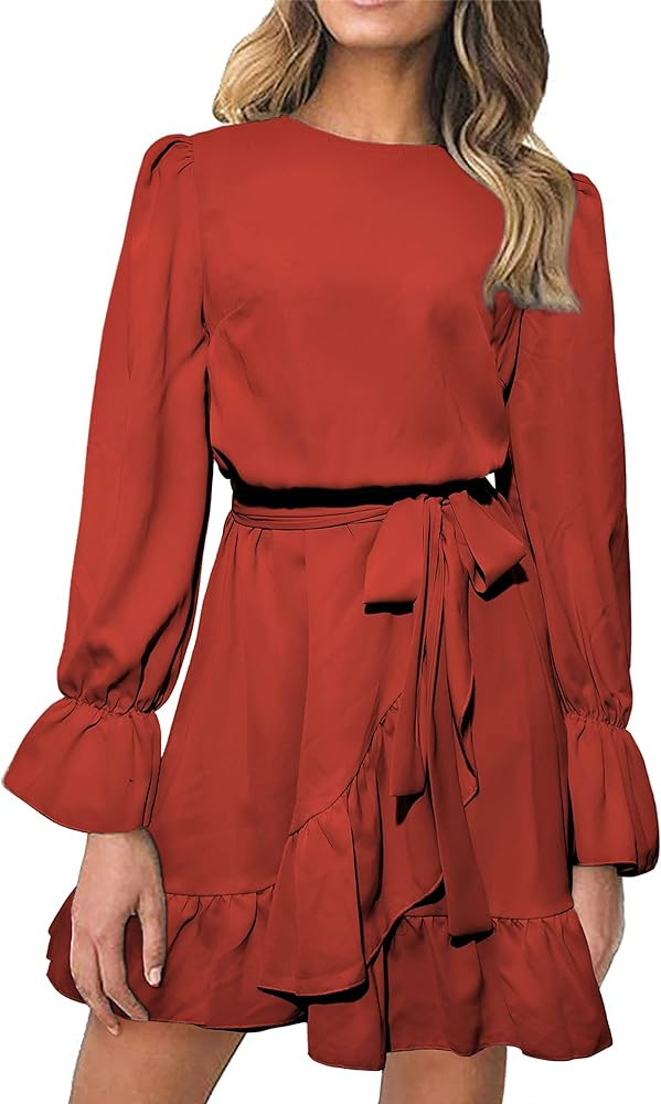 CFLONGE Women Flowy Crew Neck Long Sleeve Ruffle High Waist A-Line Short Dress Flared Sleeve Soli... | Amazon (US)