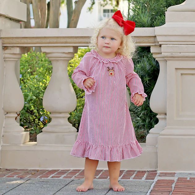 Rudolph Embroidered Red Stripe Nightgown | Classic Whimsy