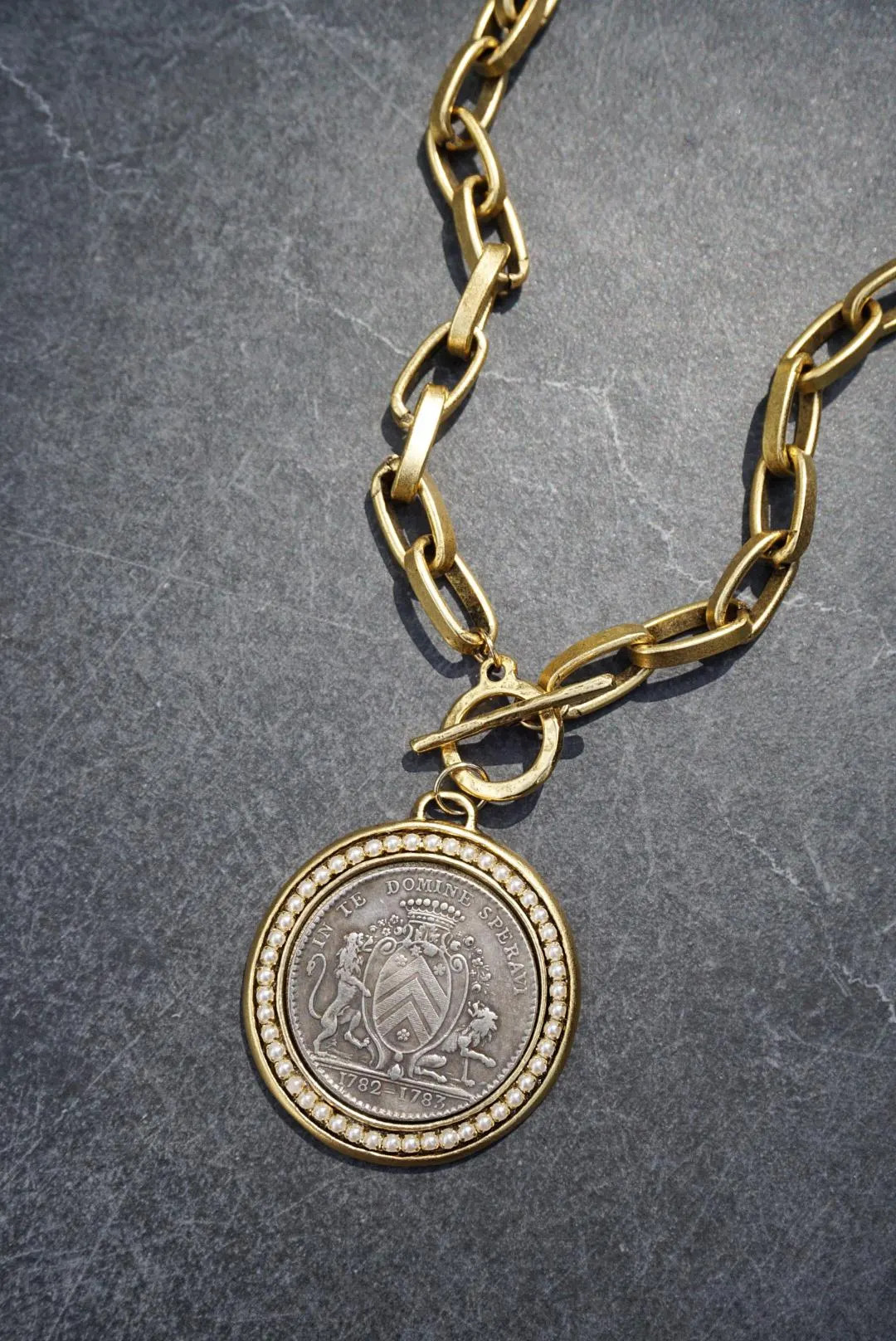 Large French Coin Necklace, Vintage Statement Jewelry, Mixed Metal, Pearl Pendant, Toggle Clasp Chain | Etsy (Global)