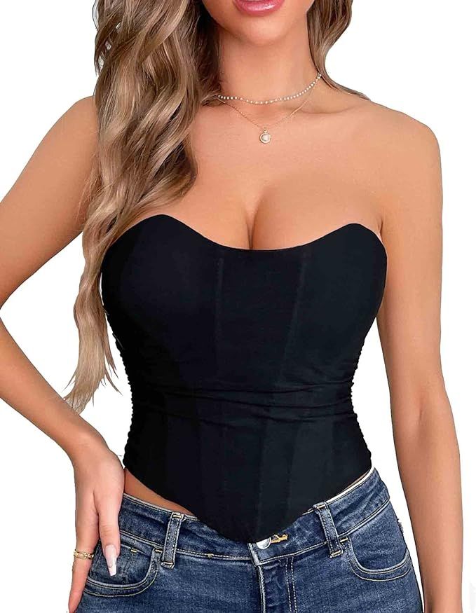Women's Satin Corset Top Sexy Backless Strapless Sweetheart Neck Bustier Boned Bodyshaper Party C... | Amazon (US)