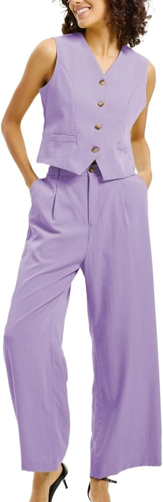Women's 2 Piece Outfits Sleeveless Suit Vest and Wide Leg Pants Casual Business Office Sets | Amazon (US)