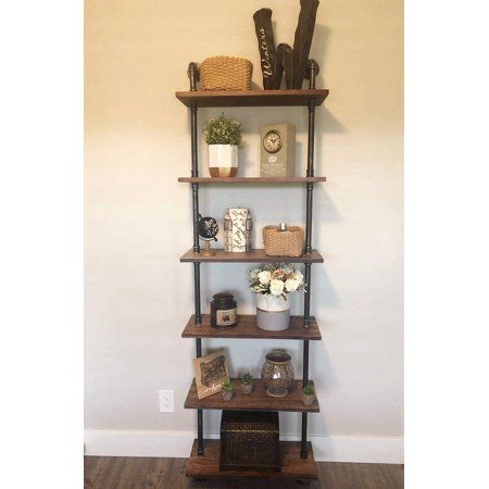 Industrial Pipe Wood Shelves 6 Tier Rustic Wall Ladder Bookshelf Display Storage Stand Shelf Bookcas | Walmart (US)