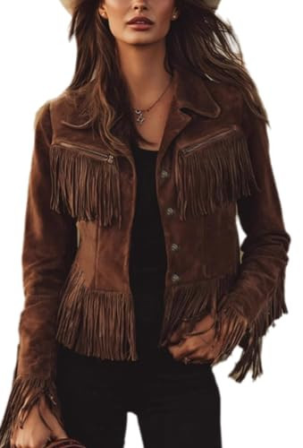 RISCUYY Fringe Jacket Women Faux Suede Vintage Cowgirl Style Tassel Button Up Long Sleeve Lapel Womens Western Jacket 2026 | Amazon (US)