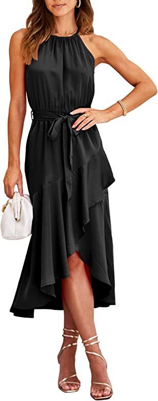 NOLLSOM Women's 2023 Summer Satin Dress Sleeveless Halter Neck Wrap Ruffle Dresses with Belt Soli... | Amazon (US)