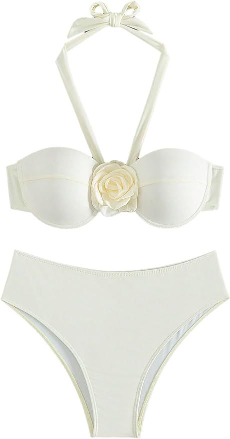 SHENHE Women's Push Up Swimsuits Tie Halter Neck High Waisted Flower 2 Piece Bikini Set | Amazon (US)