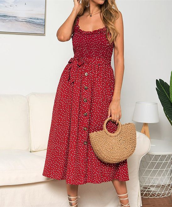Estampados Women's Casual Dresses Red - Red Polka Dot Button-Accent Fit & Flare Dress - Women | Zulily